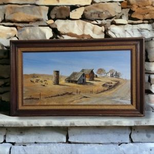 Farm Scenery Landscape Oil Painting 28.5x17" Framed Signed Carolyn '88 Horses